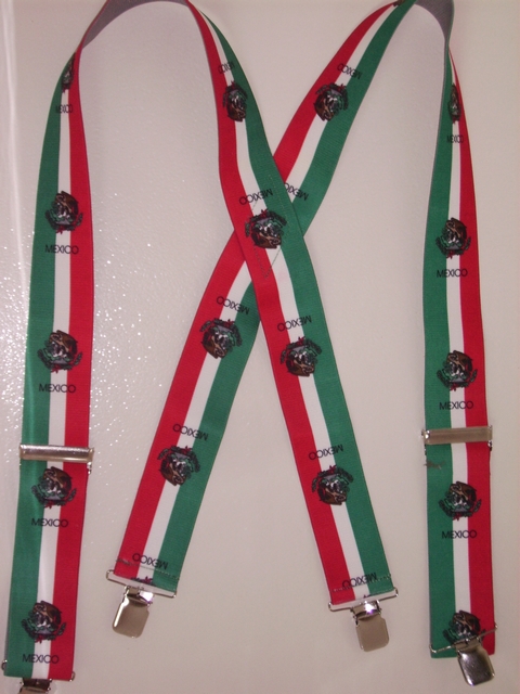 MEXICO FLAG  2"X48" Suspenders with 4 strong 1"x 1" Grips and 2 Length Adjusters in the front, all in Stainless Steel. Entirely Stretchable Hand Washable and Hang to Dry Cotton/Polyester Material.                   UA220N48MX#1